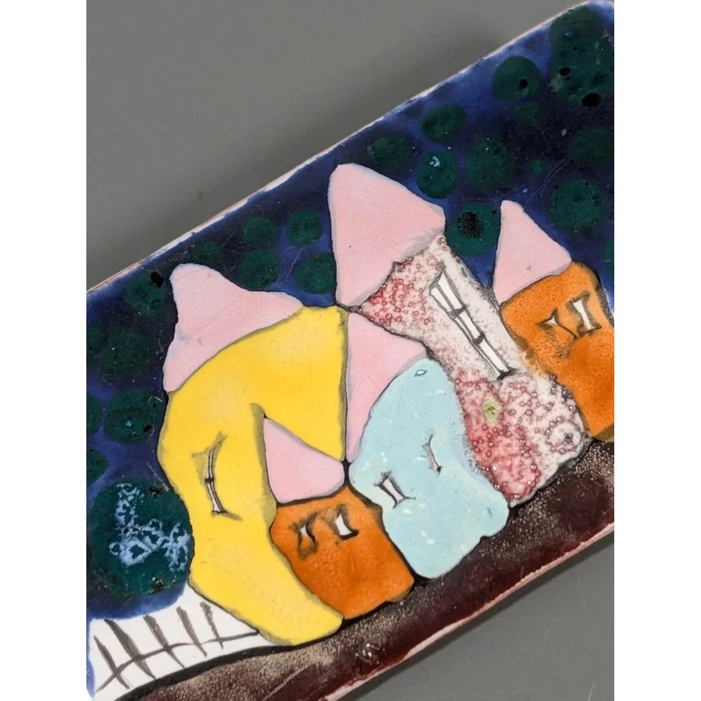 Vintage Hand‎ Painted Ceramic Village Houses Night Scene Tile Brooch Moon